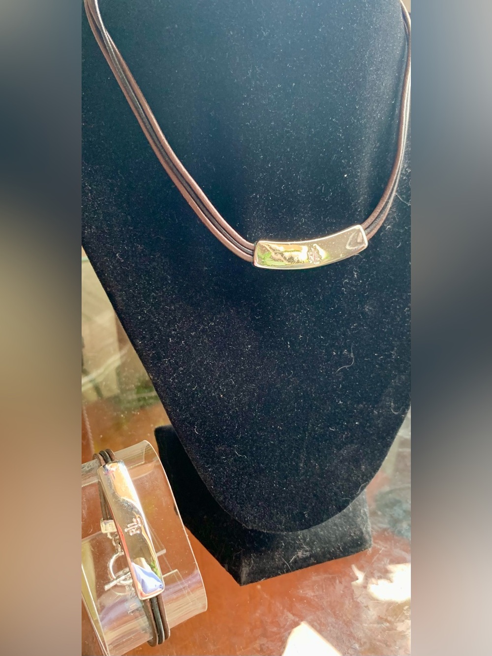 Ralph Lauren Minimalist Brown Leather Cord w/ Silver Bar Pendant